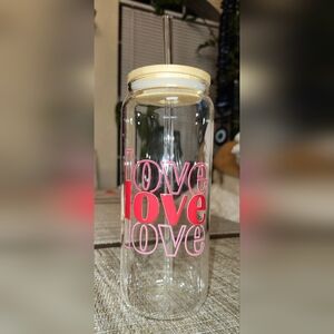 Hand Crafted Pink & Red "Love"Glass Tumbler With A Bamboo Lid